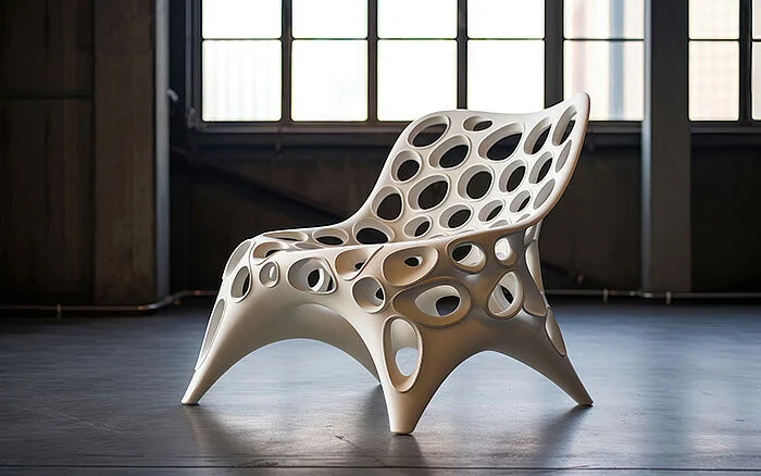 A modern 3D-printed chair with a sleek, sculptural design, representing innovation in custom furniture and sustainable manufacturing.