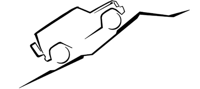 Outline drawing of a 4x4 vehicle climbing a steep hill.