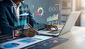 Business analyst using a data dashboard with charts and metrics on a large screen.