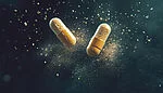 Opened capsule releasing golden medicine powder into the air against a dark, blurred background, symbolizing pharmaceutical innovation and wellness.