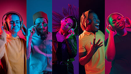 Collage of diverse young people expressing various emotions against colorful neon backgrounds, with some wearing headphones and enjoying music, representing energy, creativity, and human connection.