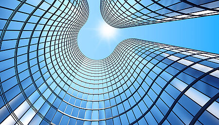3D render of a modern glass building at sunrise, viewed from a low angle to emphasize height and perspective lines, with reflections creating a clean and structured aesthetic.
