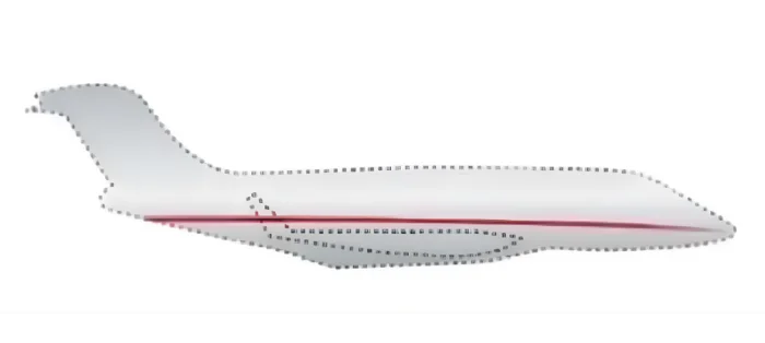 Lateral view of a passenger plane indicating a red stripe running down the center.