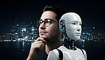 Businessman and AI robot facing digital world, symbolizing data analysis and future technology.