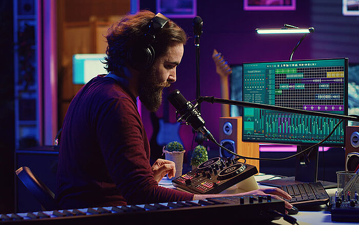 Sound engineer recording vocals in a home studio, using a microphone, DAW software, and mixing console, while listening to mixed tracks to create high-quality audio.