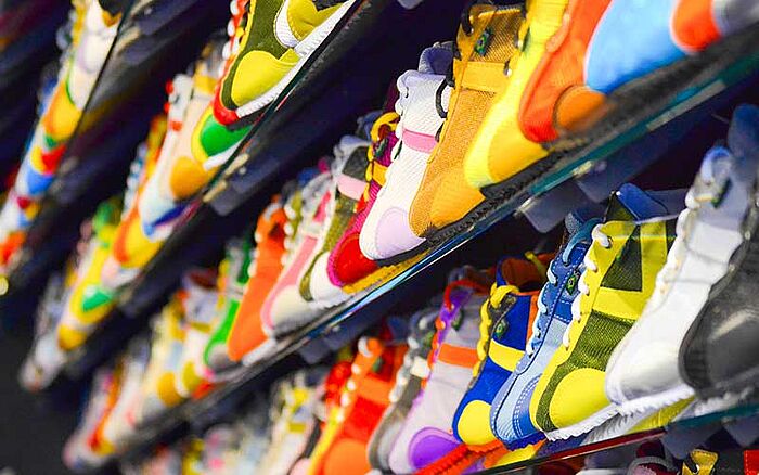 A wide variety of brightly colored sports shoes on store shelving.