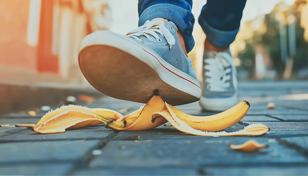 Foot about to slip on a banana peel on sidewalk, capturing a moment of sudden risk and unexpected consequence.