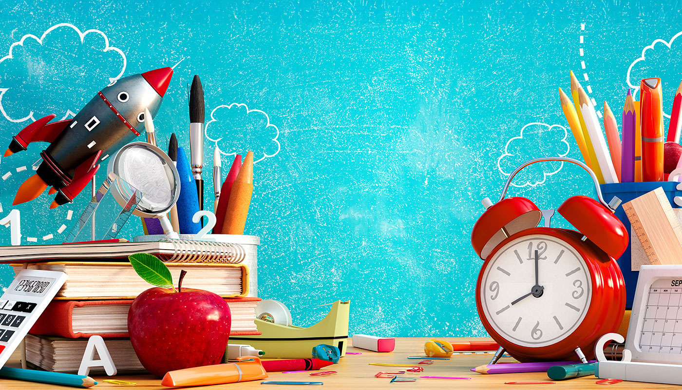 Colorful back-to-school themed illustration with a red rocket, pencils, magnifying glass, alarm clock, and calculator against a blue chalkboard background with doodles of clouds and numbers.