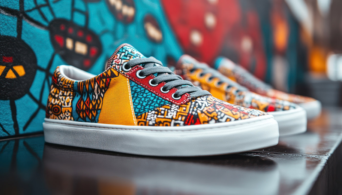 Colorful sneakers with bold red, blue and yellow patterns, featuring geometric designs, neatly displayed on a shelf.