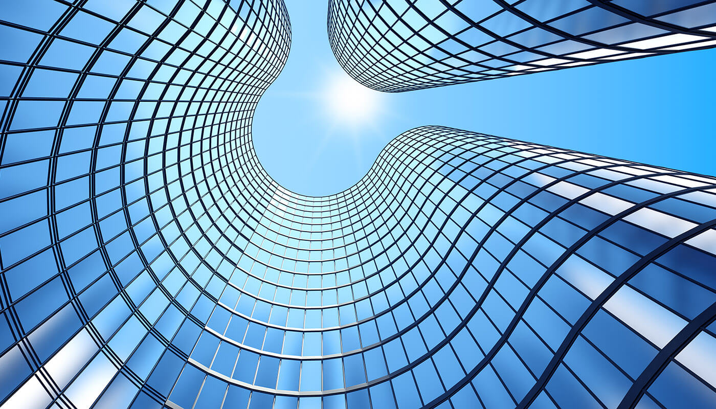 3D render of a modern glass building at sunrise, viewed from a low angle to emphasize height and perspective lines, with reflections creating a clean and structured aesthetic.