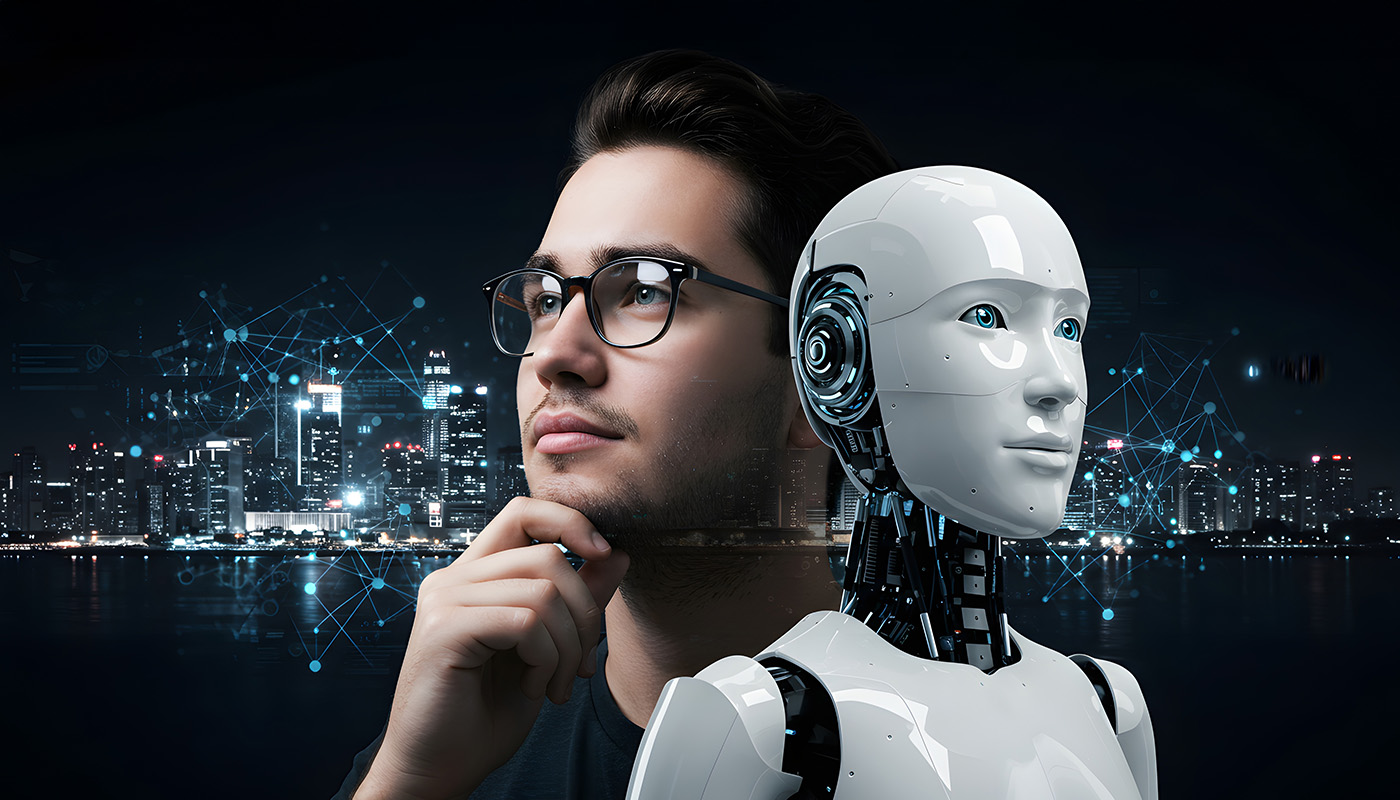 Businessman and AI robot facing digital world, symbolizing data analysis and future technology.